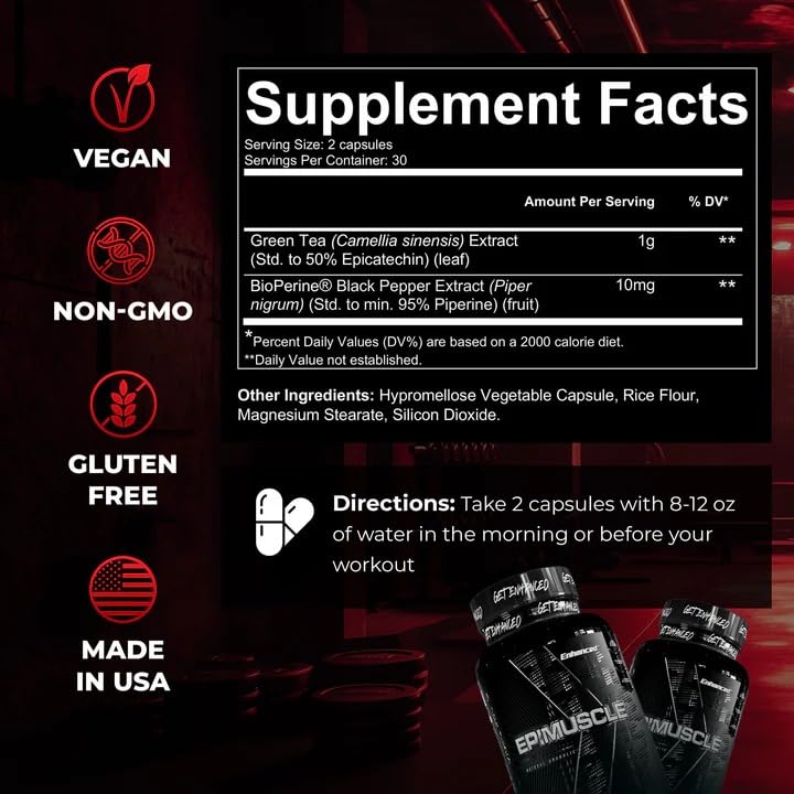  Enhanced Labs Epimuscle label close-up emphasizing Epicatechin and nitric oxide support.