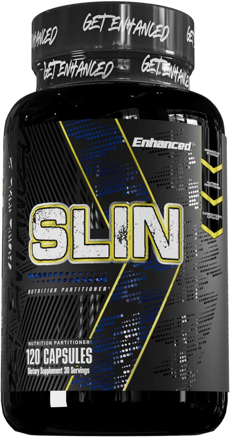 Enhanced SLIN capsules bottle with clear label for post-meal energy support.