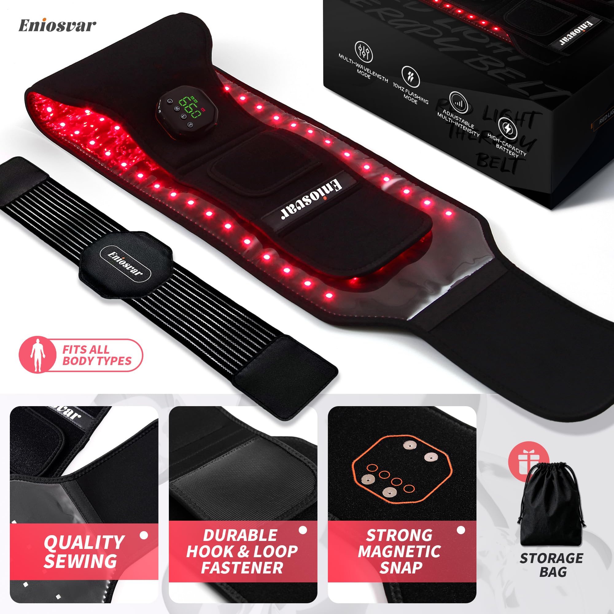 Eniosvar red light belt with storage bag and accessories.