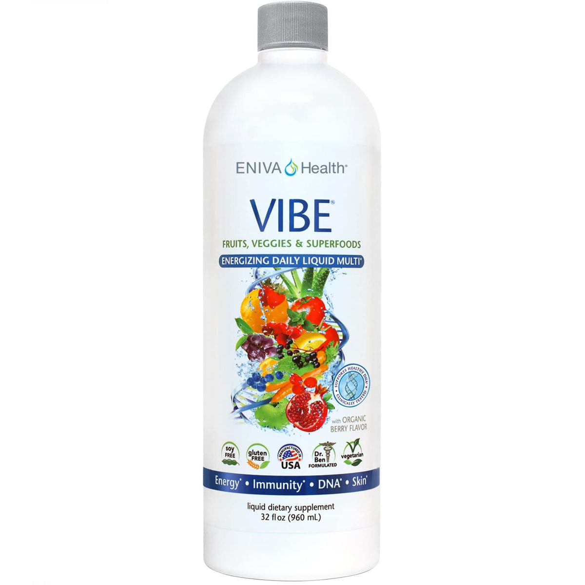 Eniva Health Vibe bottle front promotes daily nourishment with a berry flavor.