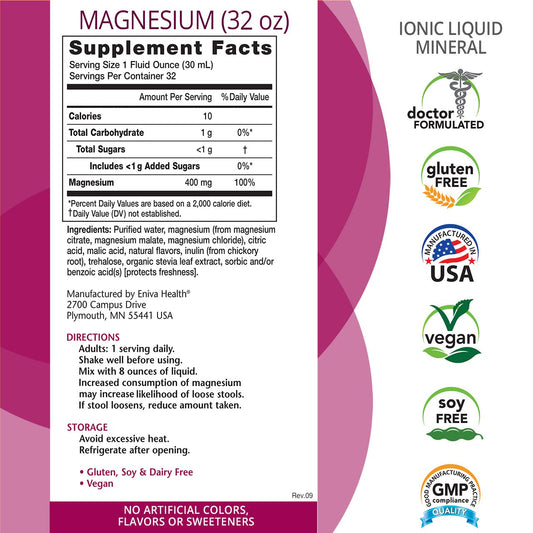 Eniva liquid magnesium bottle pour showing convenient dose in juice or water.