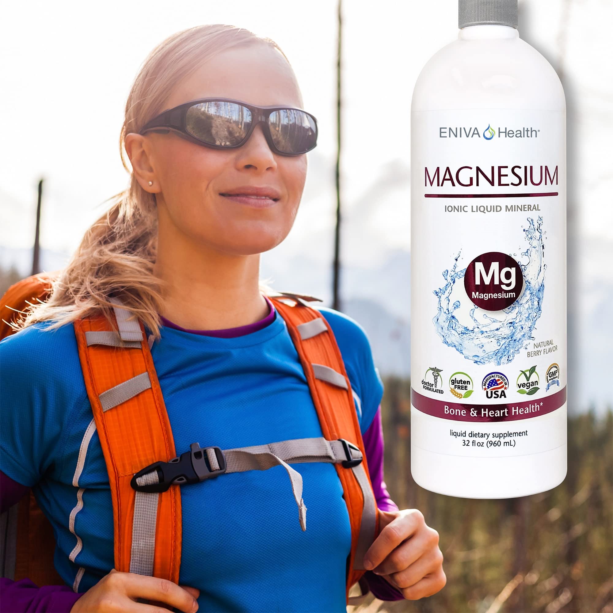 Eniva Health liquid magnesium label closeup emphasizes gluten-free, sugar-free formula.