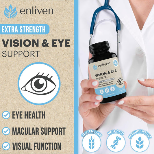 Enliven capsules closeup emphasizing antioxidant blend and micronutrients for eye health.