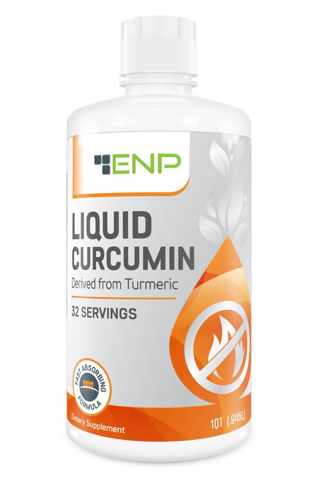 ENP Liquid Curcumin bottle pour demonstrates easy dosing and potential joint support.