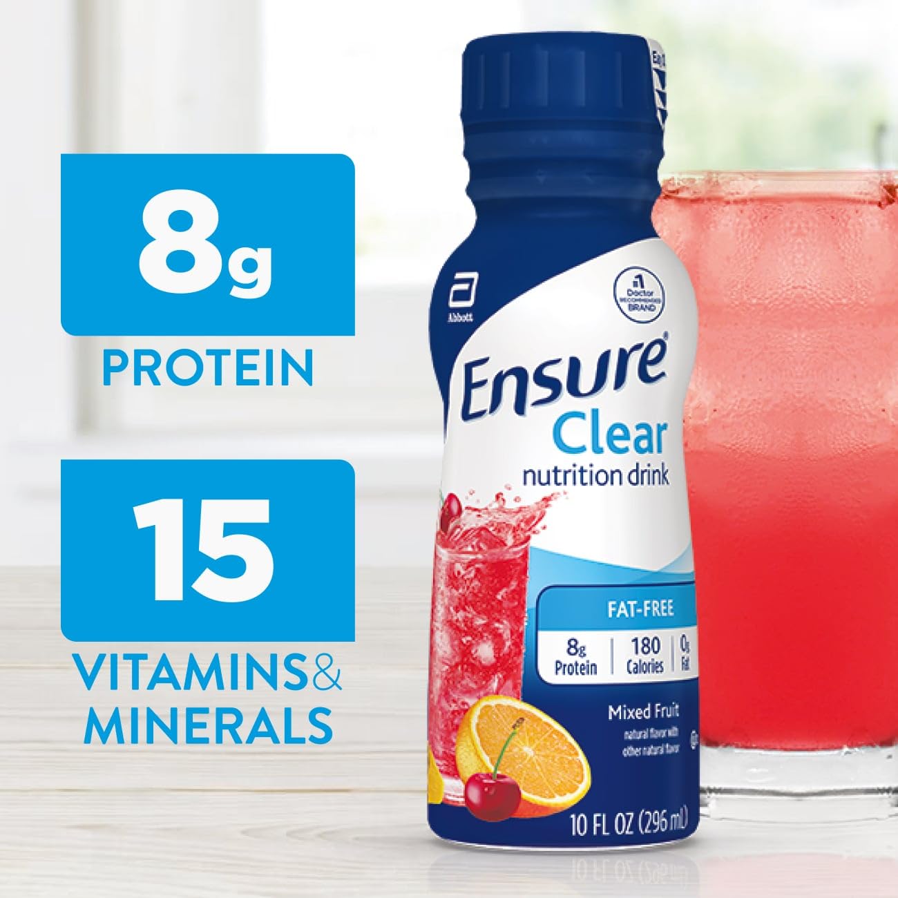 Pouring Ensure Clear Blueberry Pomegranate shows 8g protein per bottle.