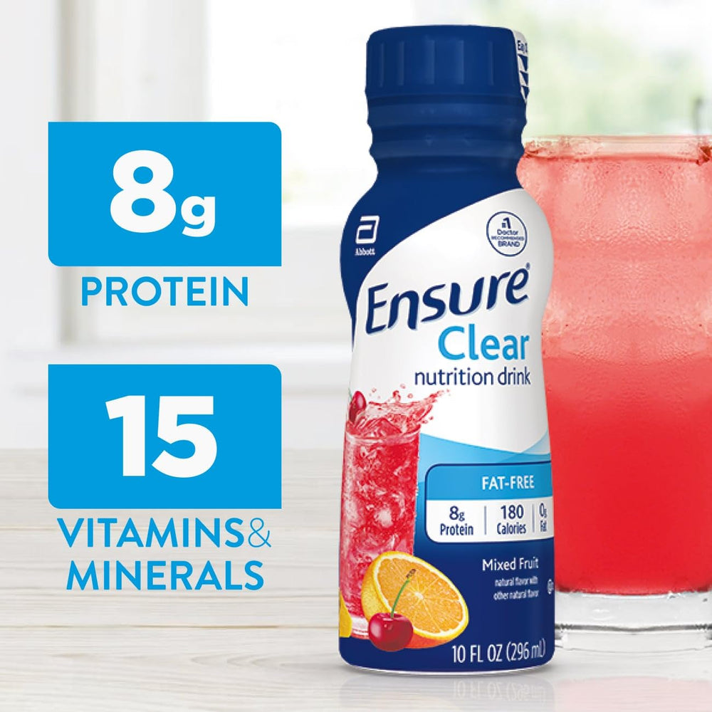 Pouring Ensure Clear Blueberry Pomegranate shows 8g protein per bottle.