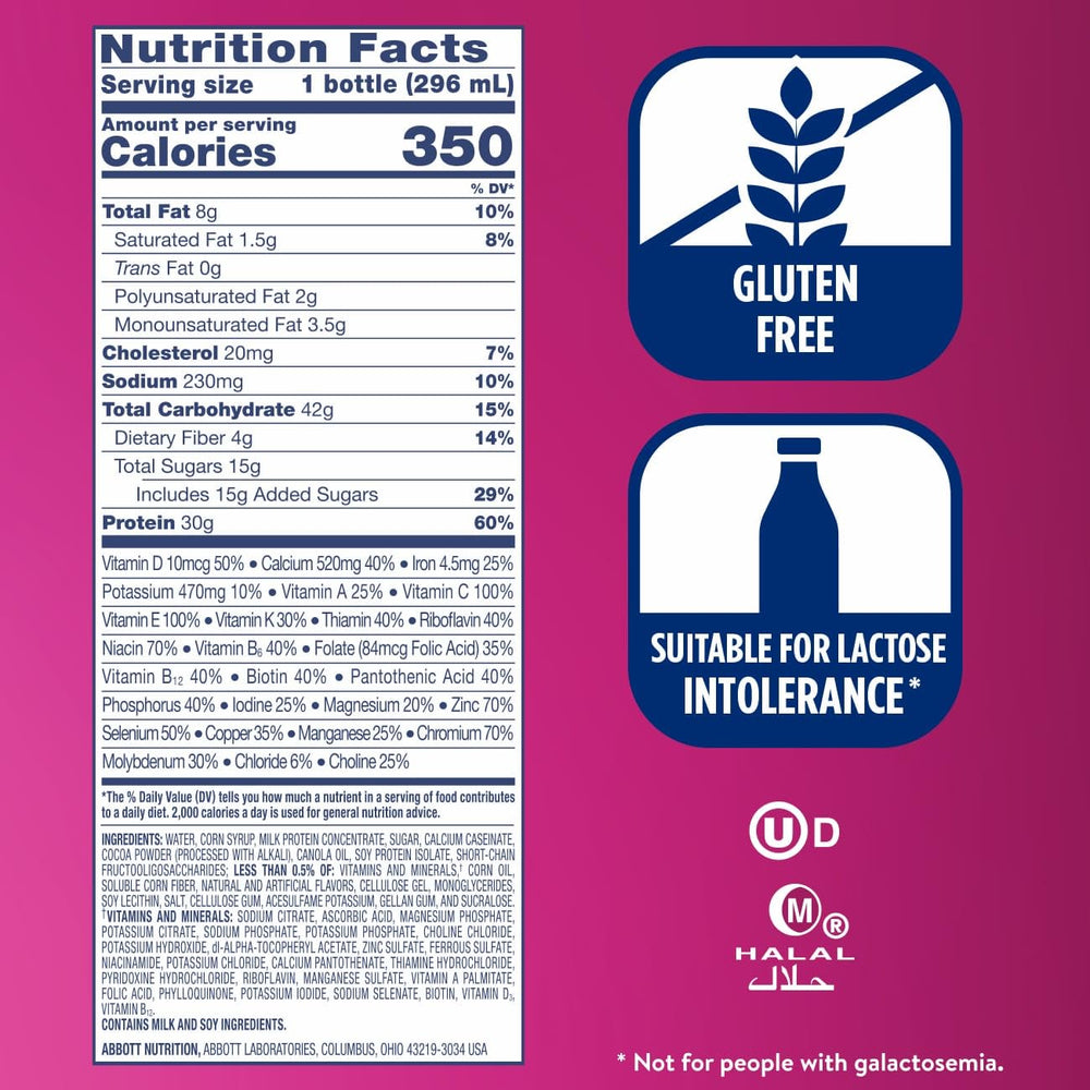 Ensure Complete nutrition facts panel shows 30 g protein and 25 vitamins.