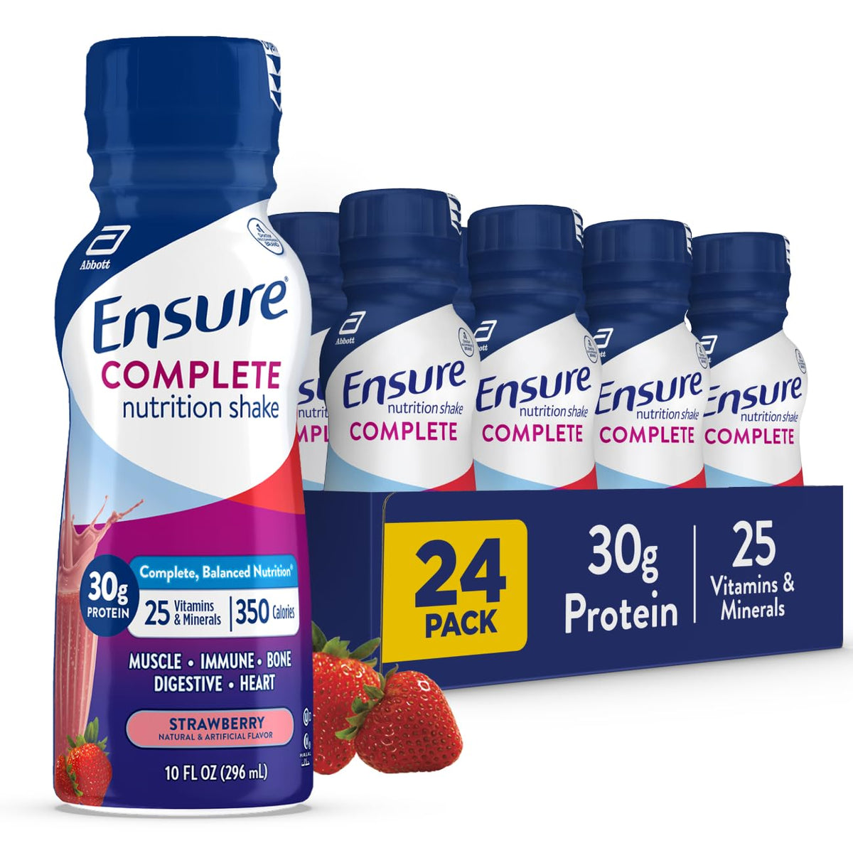 Ensure Complete Strawberry Shake bottle showing 30g protein for muscle support