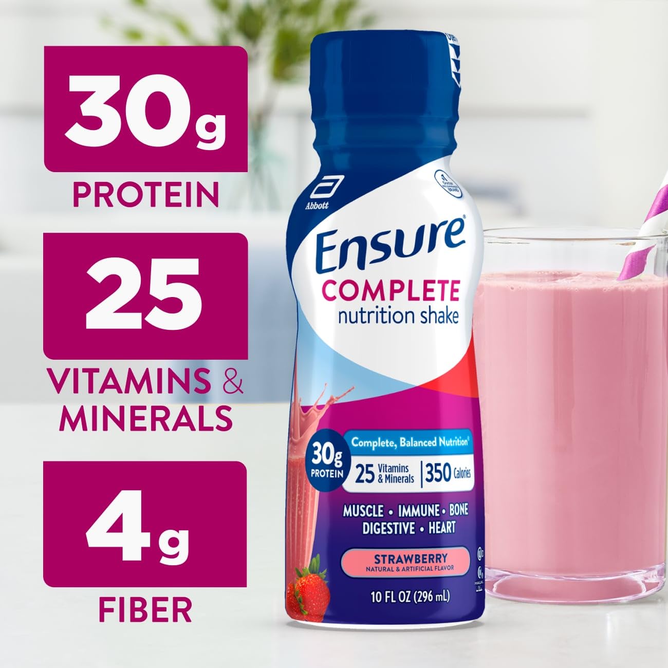 Glass of poured Ensure Complete Strawberry Shake highlighting smooth texture