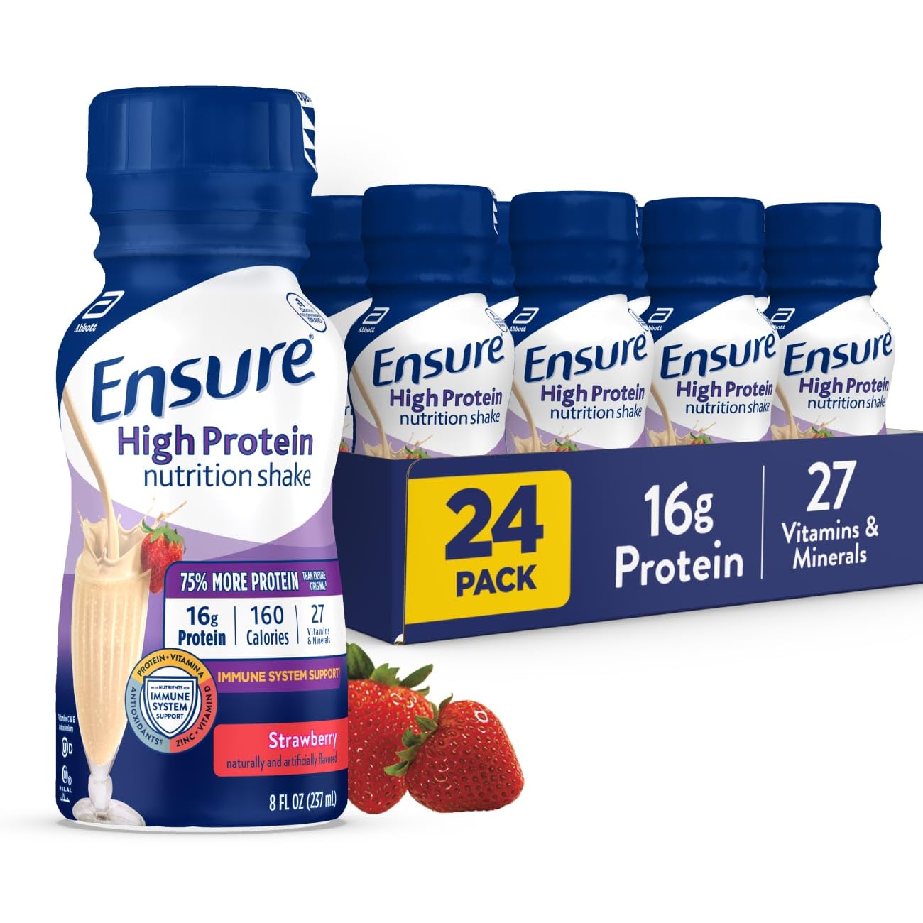 Ensure High Protein Strawberry Shake bottle for convenient ready-to-drink nutrition on the go.