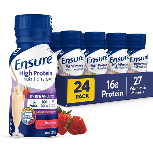 Ensure High Protein Strawberry Shake bottle for convenient ready-to-drink nutrition on the go.
