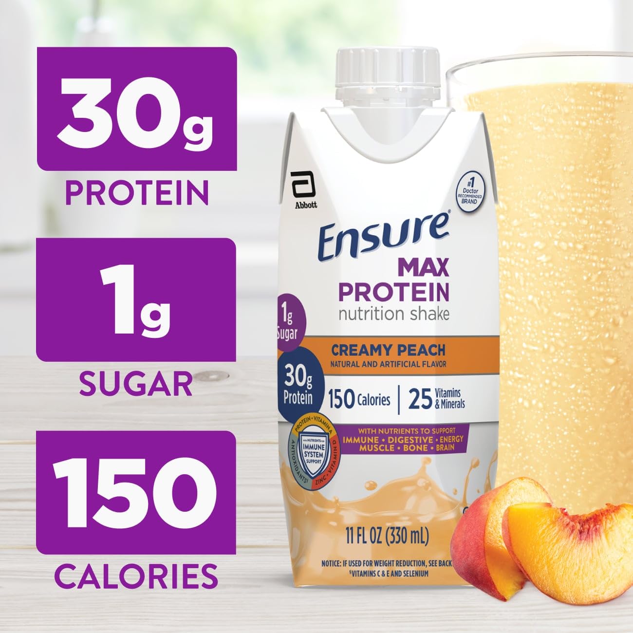 Pouring Ensure Max Protein Creamy Peach into a glass highlights quick post-workout fueling.