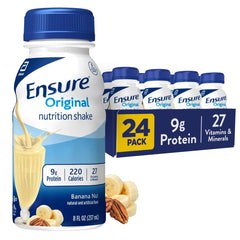 Ensure Original Banana Nut shake bottle shows balanced nutrition for on-the-go meals.