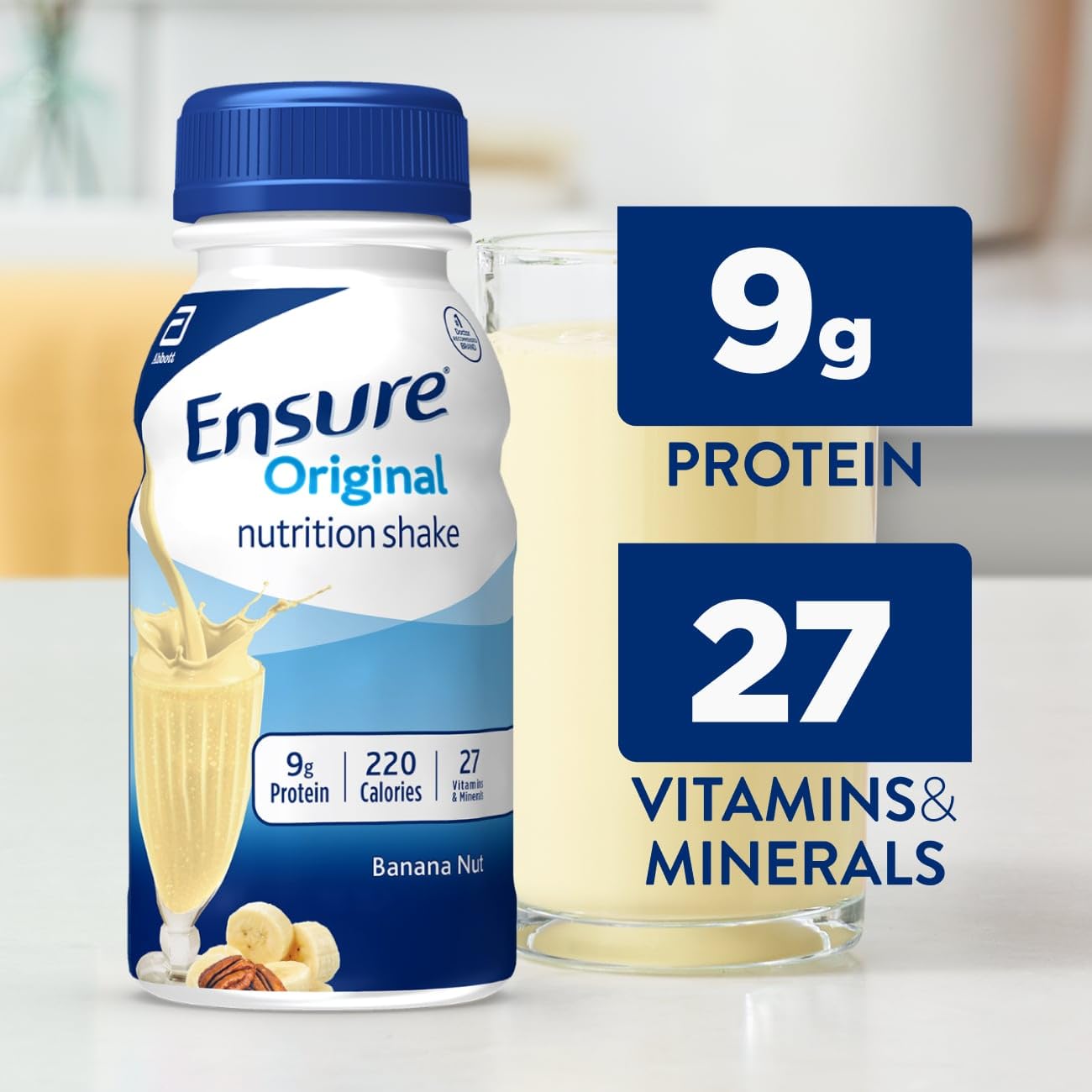 Ensure Original Banana Nut shake glass highlights tasty, convenient nourishment anytime.