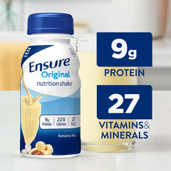 Ensure Original Banana Nut shake glass highlights tasty, convenient nourishment anytime.