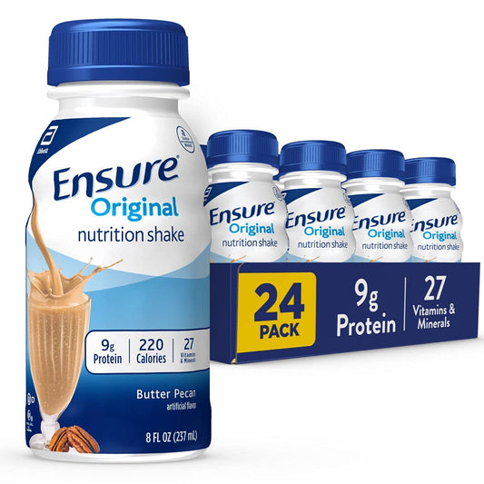 Ensure Original Butter Pecan nutrition shake bottle highlights creamy flavor for quick nourishment.