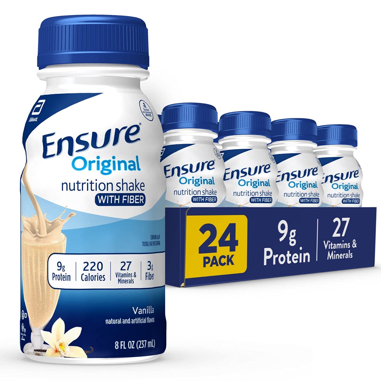 Ensure Original Vanilla Nutrition Shake bottle demonstrates convenient ready-to-drink nutrition for busy days.