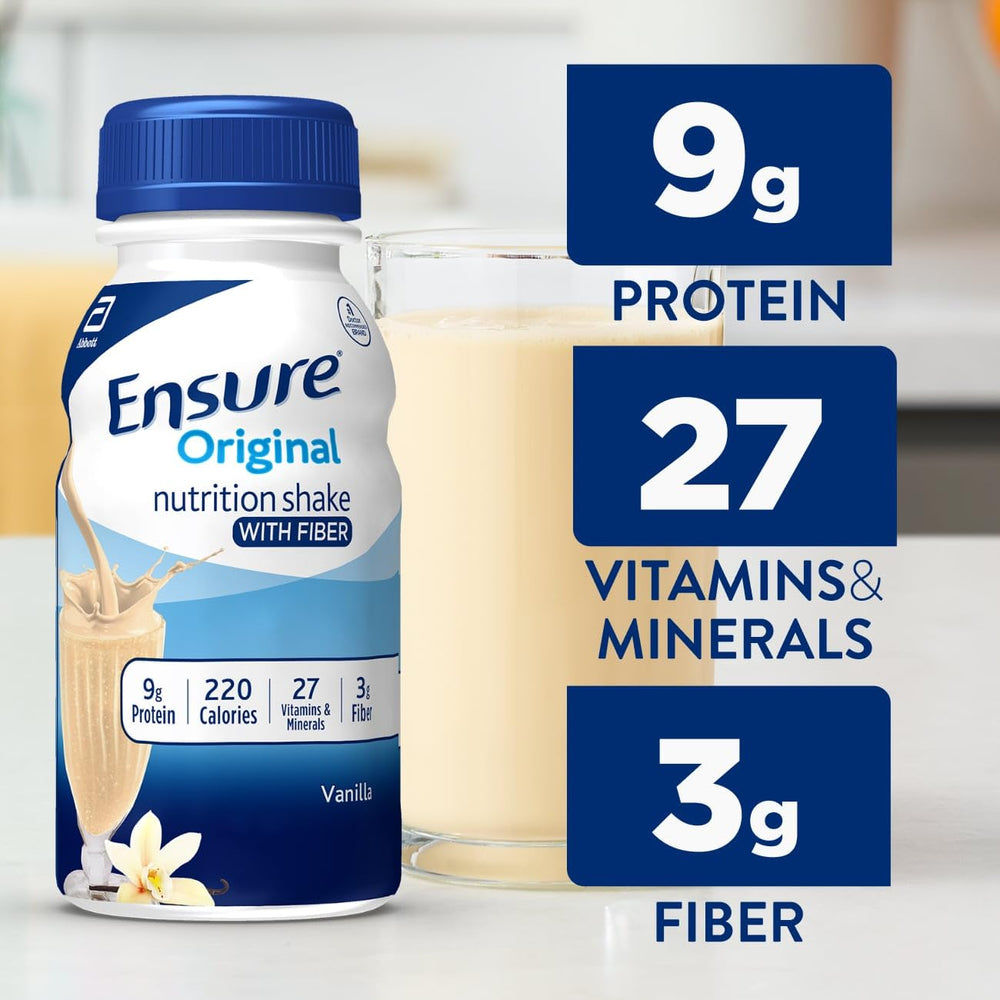 Ensure Original Vanilla Nutrition Shake glass highlights easy, on-the-go nutrition between workouts.