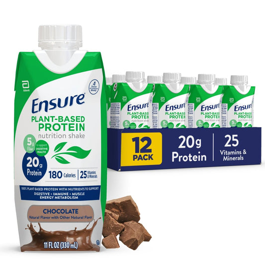 Ensure plant-based chocolate shake bottle front shows on-the-go protein boost