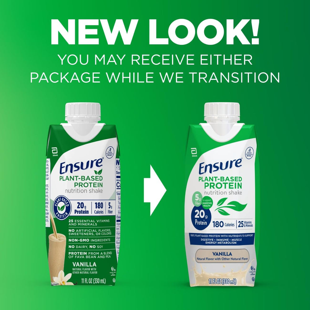Glass of Ensure plant-based vanilla shake highlighting dairy-free formula