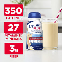 Close-up of Ensure Plus Vanilla label with 16g protein.
