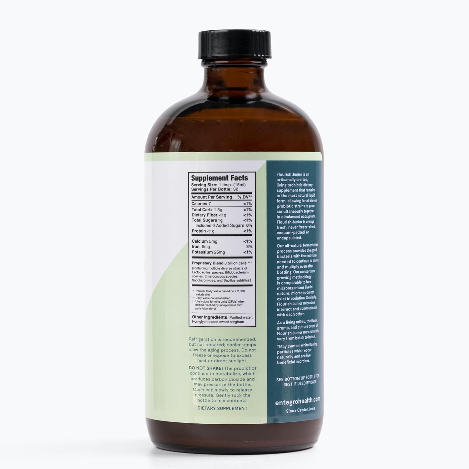 ENTEGRO Flourish Junior bottle label closeup shows vegan, allergen-free claims