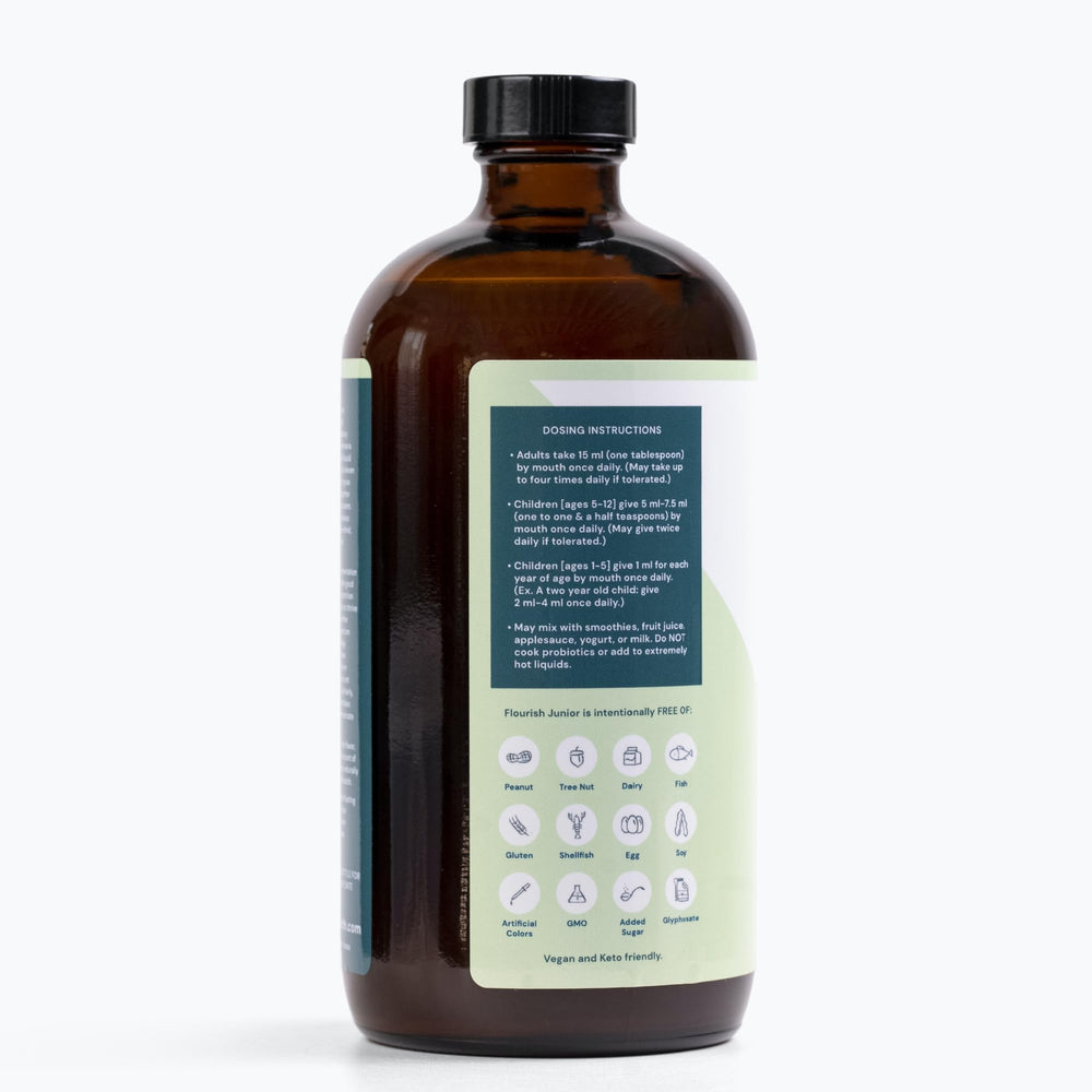 ENTEGRO Flourish Junior liquid probiotic showcases 11 live cultures for gut balance.