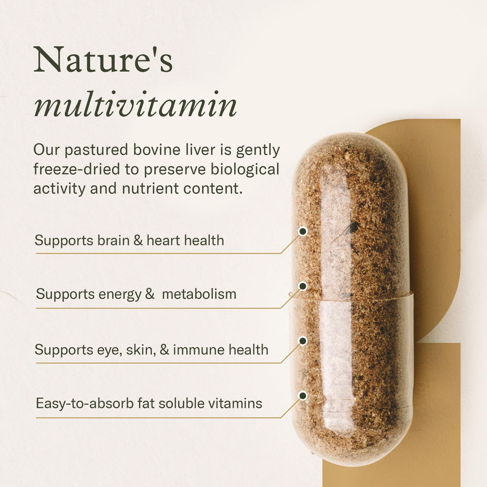 Enviromedica beef liver capsules in a glass bottle on a table