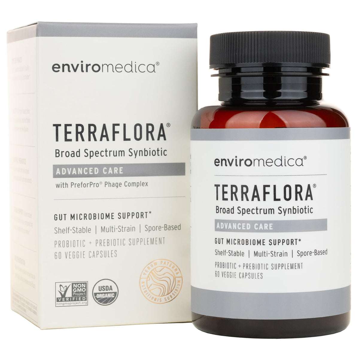 Enviromedica Terraflora bottle label highlights digestion support for busy days.