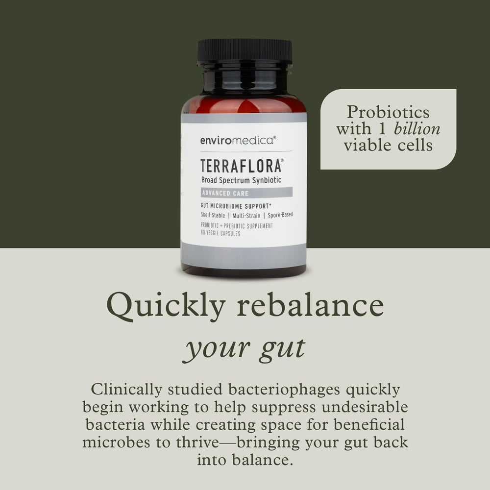 Enviromedica Terraflora capsules closeup highlights the synbiotic blend for gut balance.