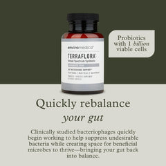 Enviromedica Terraflora capsules closeup highlights the synbiotic blend for gut balance.