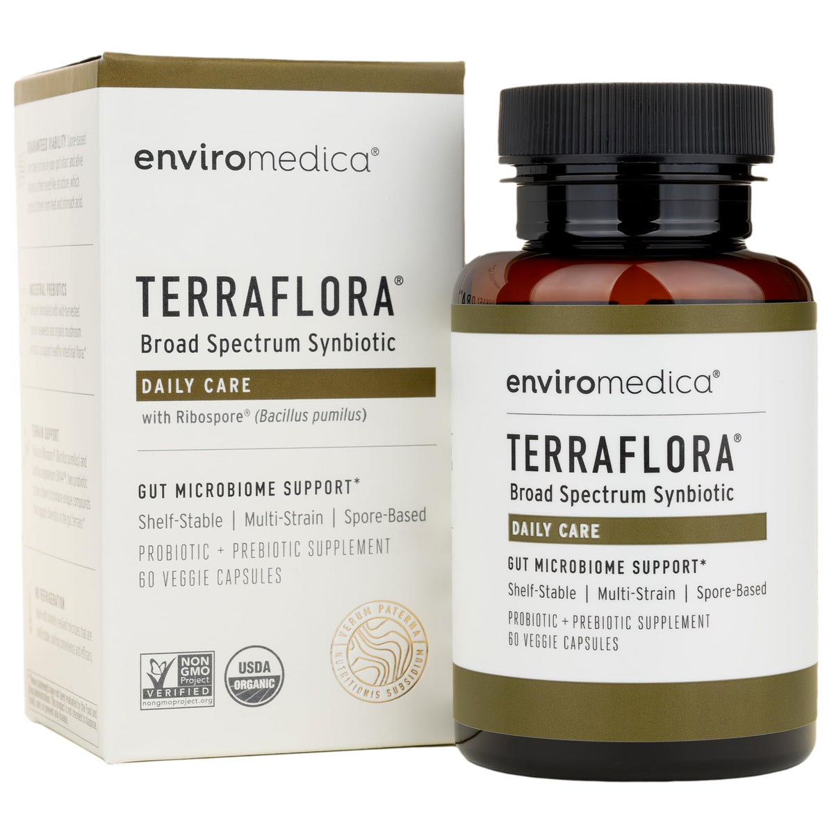 Enviromedica Terraflora Daily Care bottle demonstrates shelf-stable gut support.