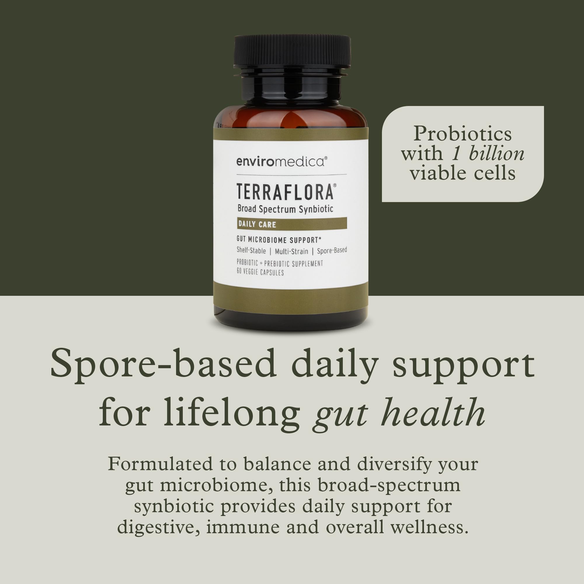 Enviromedica Terraflora capsules closeup highlights spore-based probiotics for on-the-go gut health.