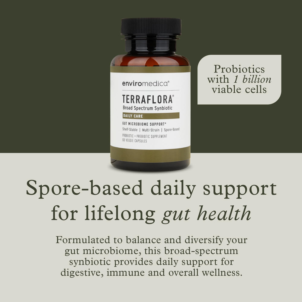 Enviromedica Terraflora capsules closeup highlights spore-based probiotics for on-the-go gut health.