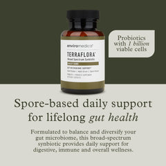 Enviromedica Terraflora capsules closeup highlights spore-based probiotics for on-the-go gut health.