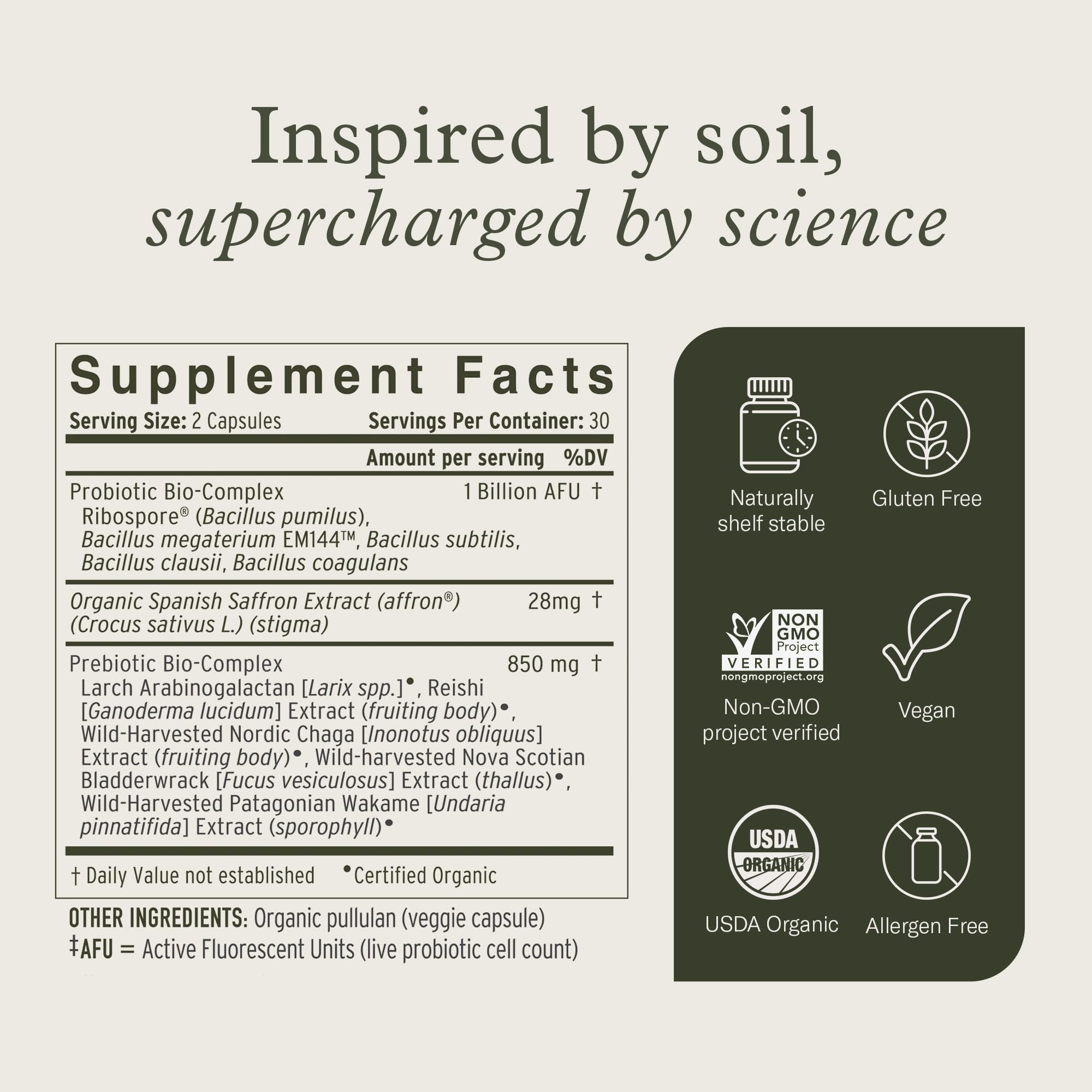 Deep Zen bottle highlighting prebiotic blend and saffron for mood support.
