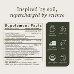 Deep Zen bottle highlighting prebiotic blend and saffron for mood support.