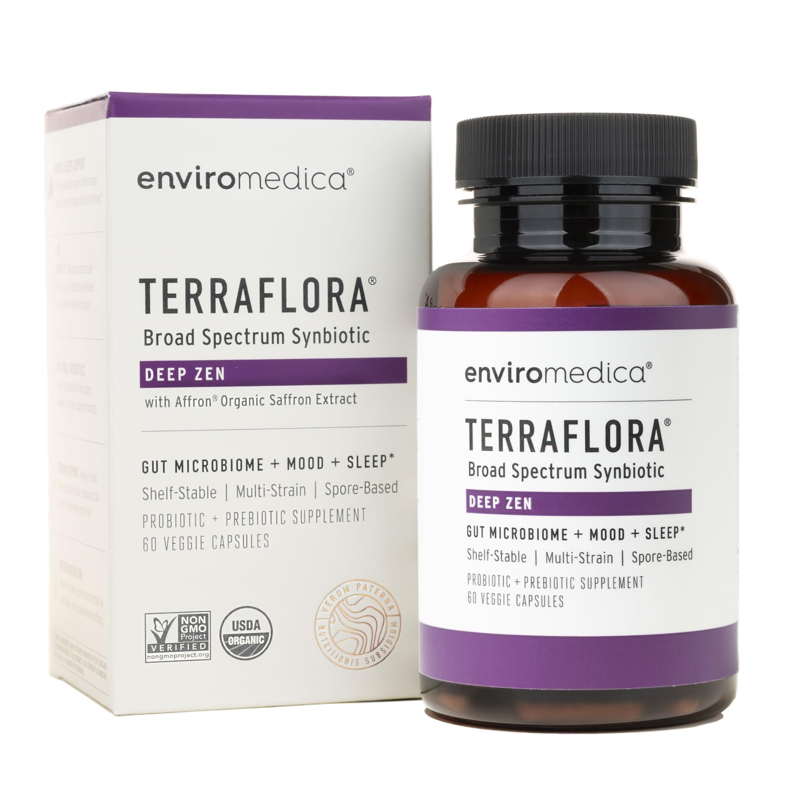 Enviromedica Terraflora Deep Zen bottle with capsules for daily gut-brain balance.