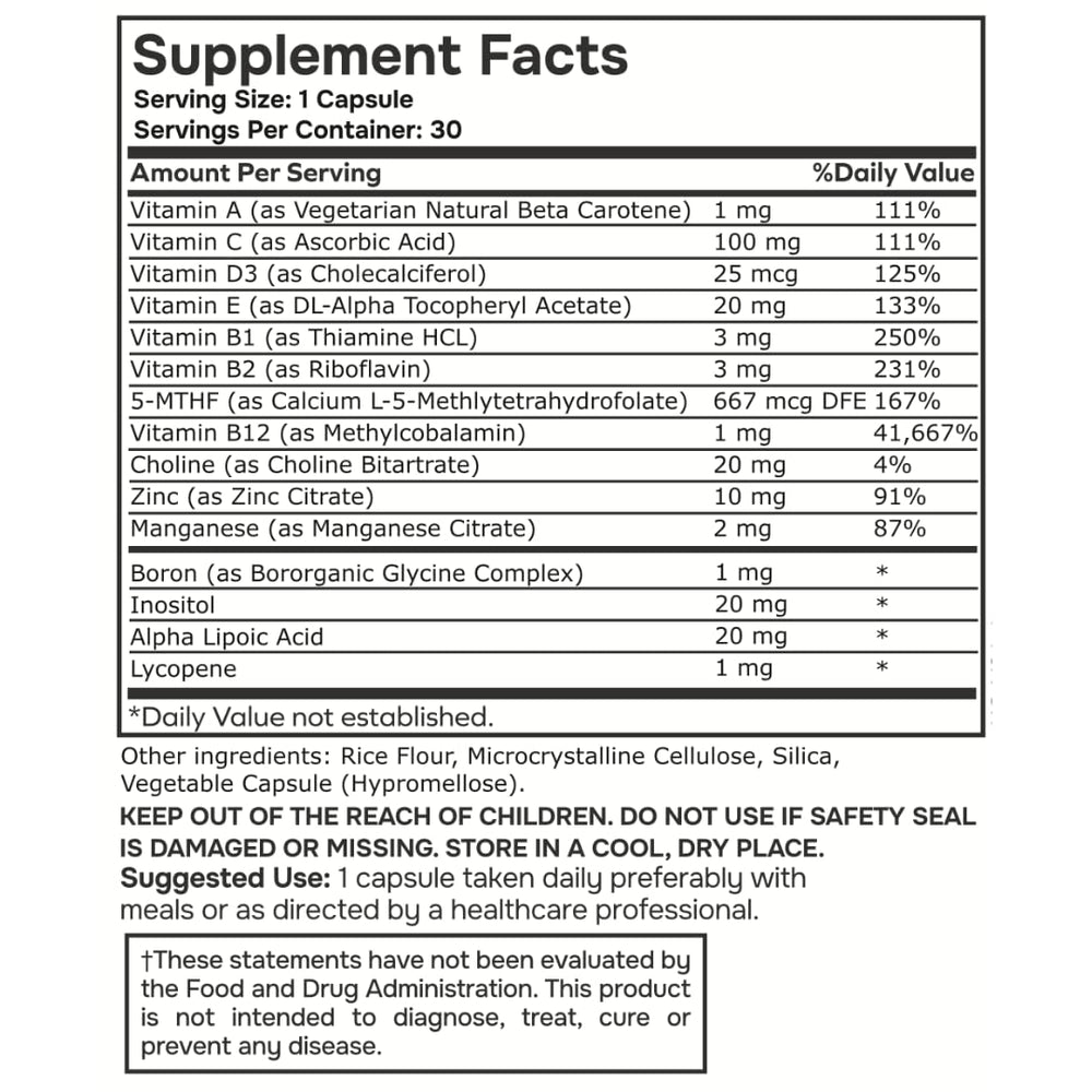 Envitamin methylated multivitamin label closeup, highlights L methylfolate