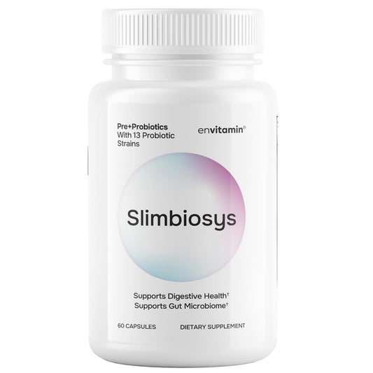 Envitamin Slimbiosys bottle highlights 13 probiotic strains for gut support.