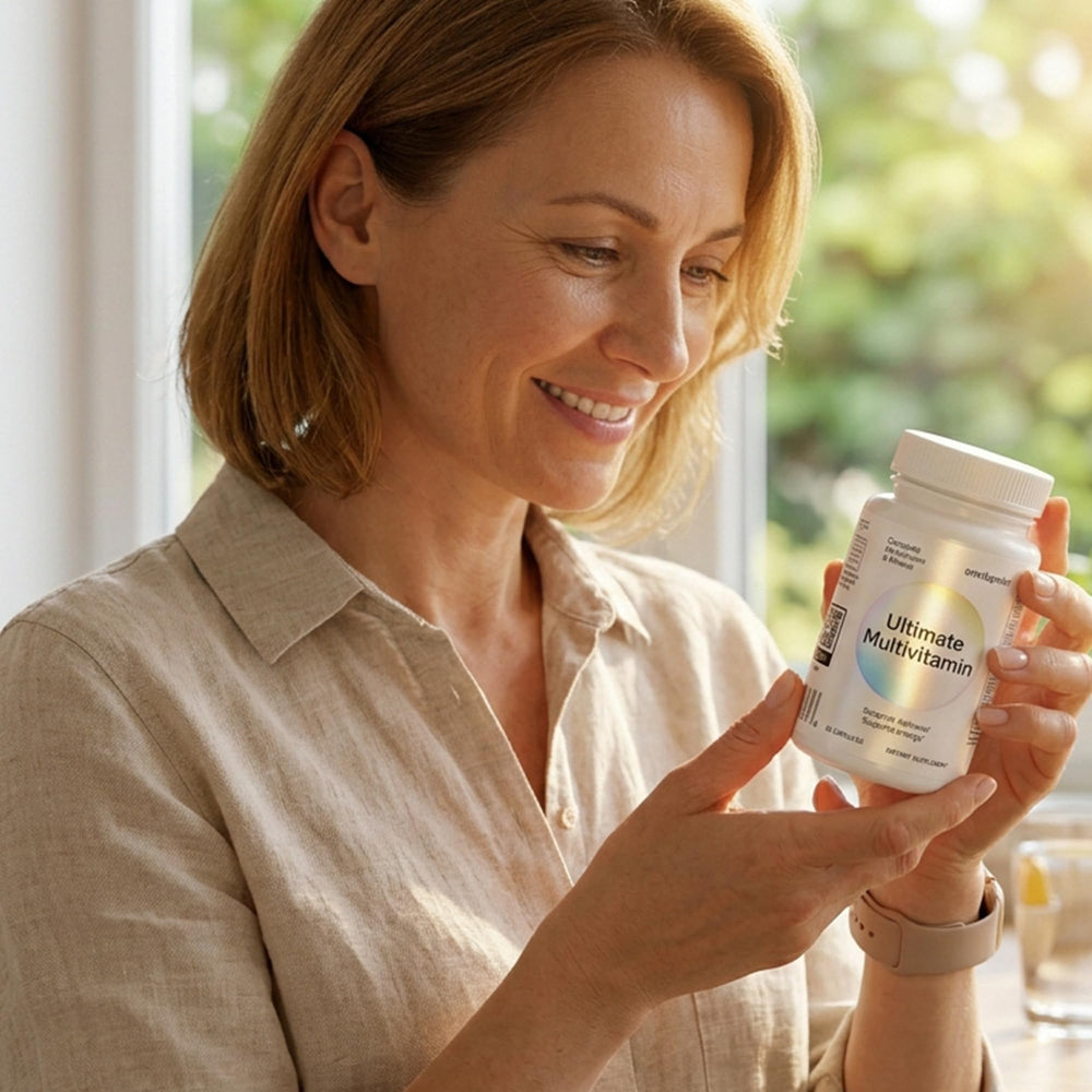 Envitamin label view emphasizing 23 vitamins and minerals inside.