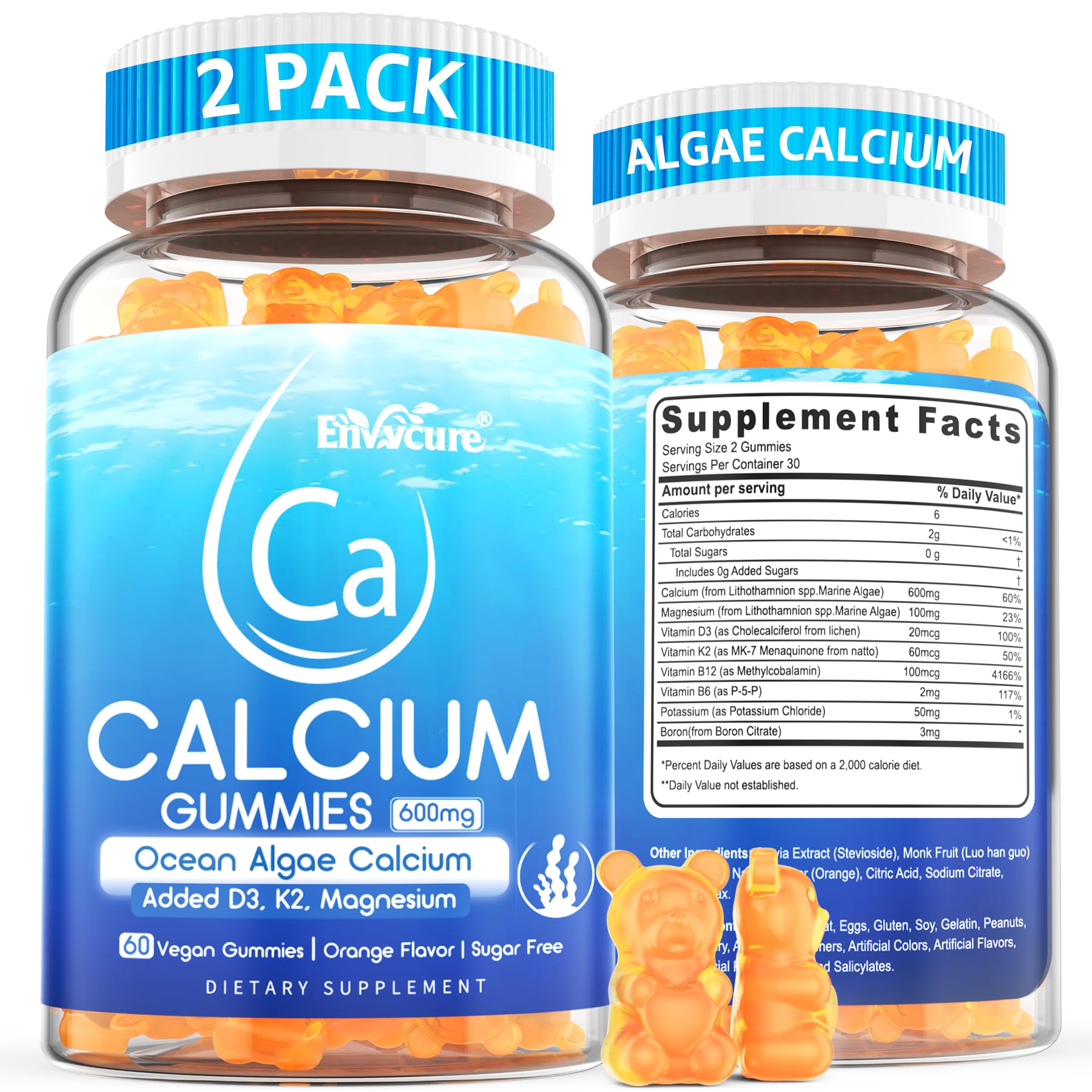 EnvyCure Calcium Gummies bottle front highlighting vegan ocean algae calcium for bone support.