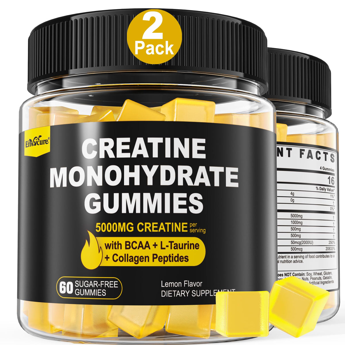 EnvyCure Creatine Monohydrate Gummies lemon bottle display for daily fitness support