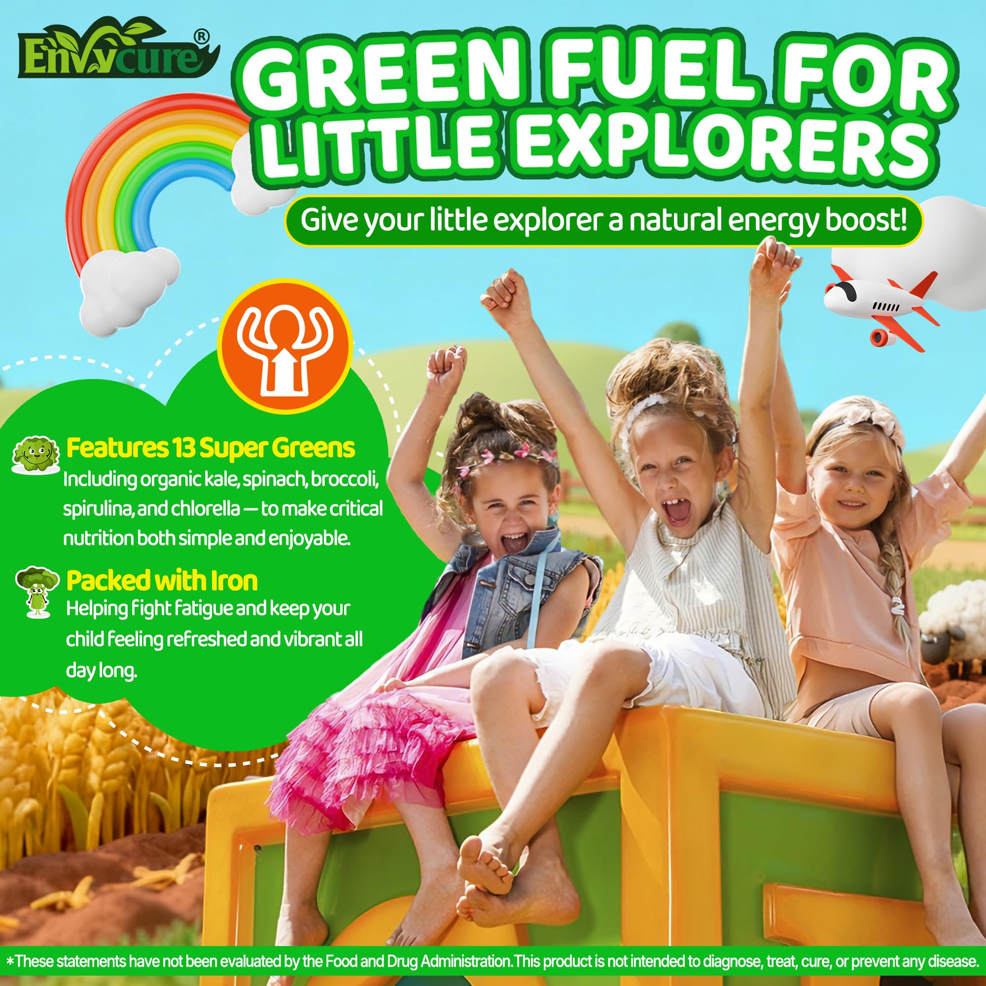 Algal DHA/EPA in EnvyCure Kids Super Greens supports brain and eye health.