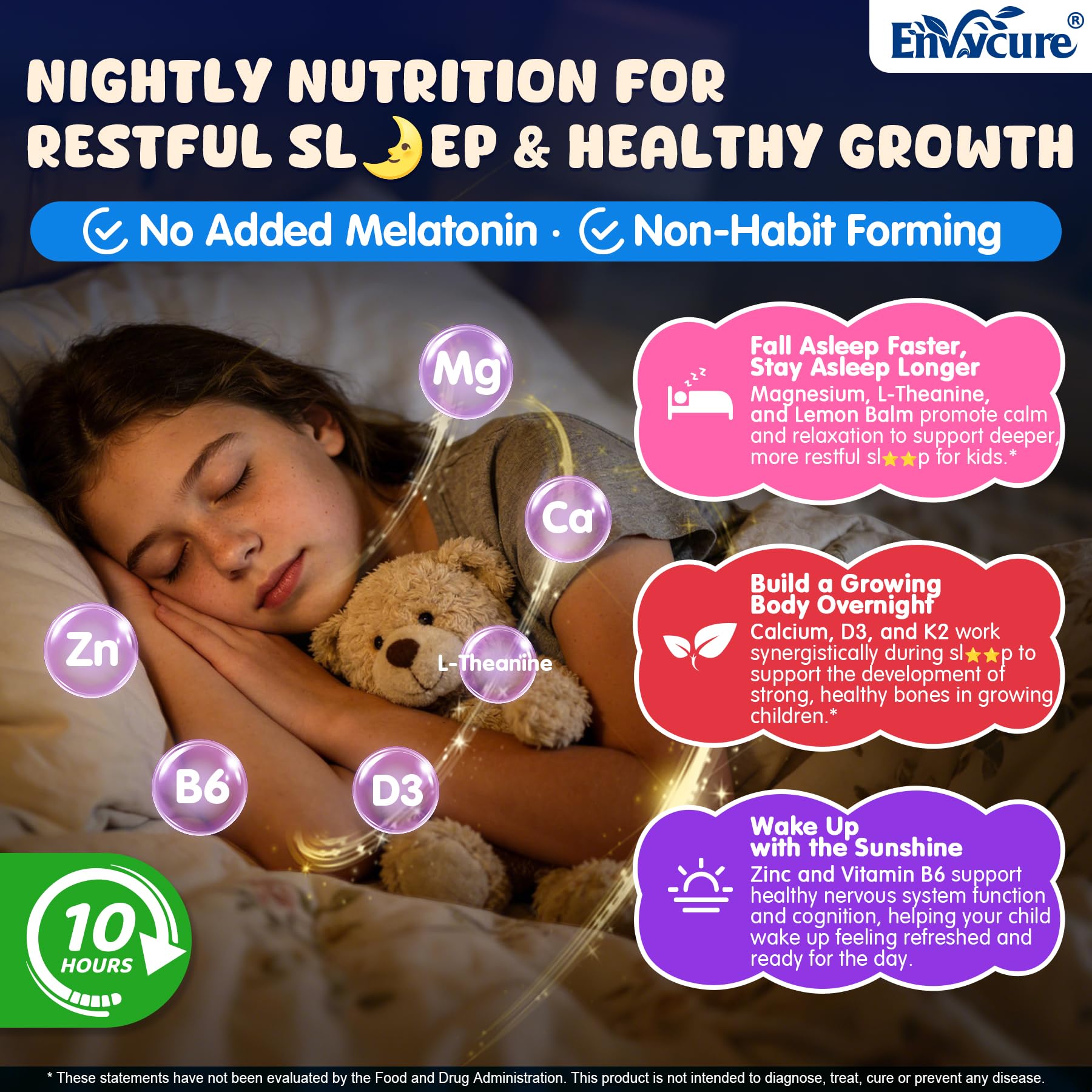 EnvyCure gummies child-holding image signals kid-friendly nightly consumption.