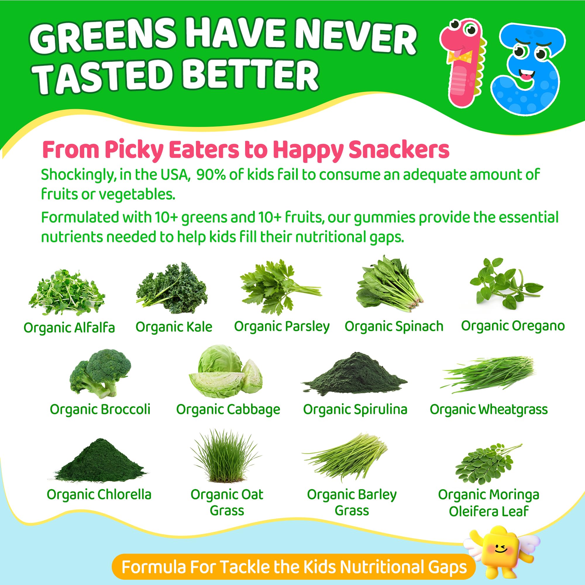 Green blend of spinach and spirulina in EnvyCure kids greens.