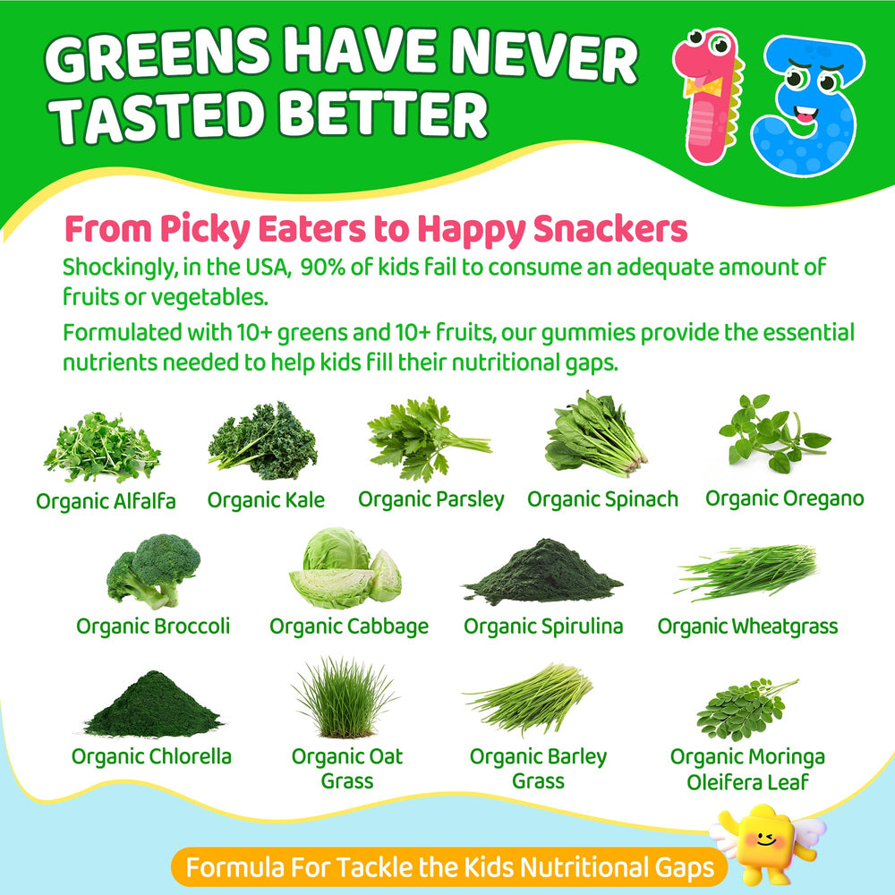 Green blend of spinach and spirulina in EnvyCure kids greens.