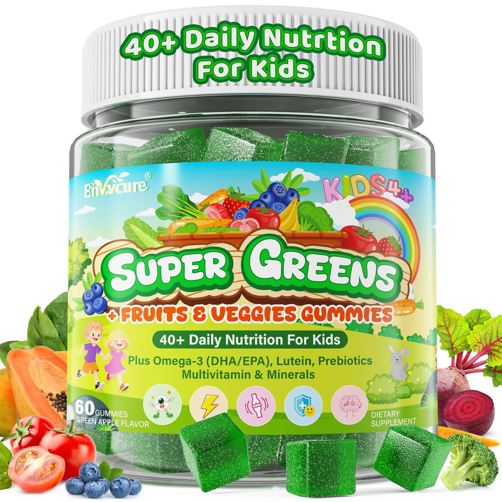 EnvyCure Kids Super Greens bottle with gummies for daily nutrition.