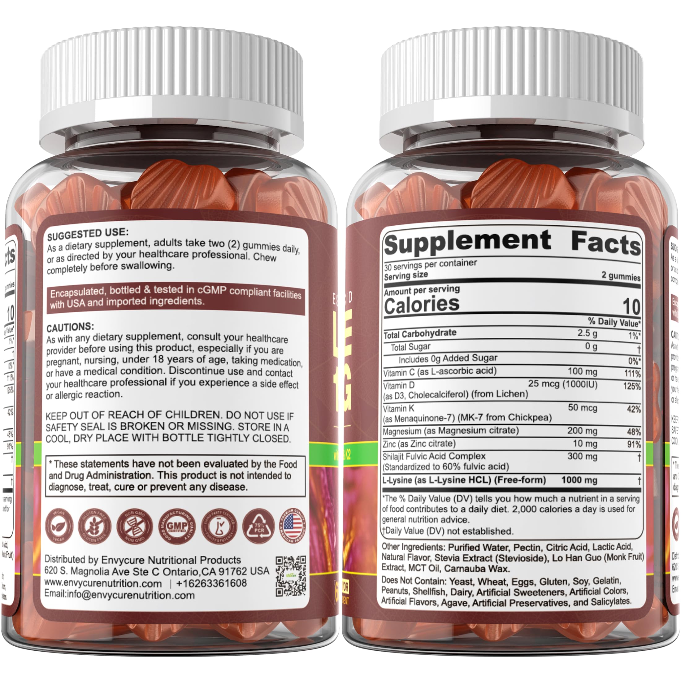 EnvyCure L-Lysine gummies vegan product in GMP facility