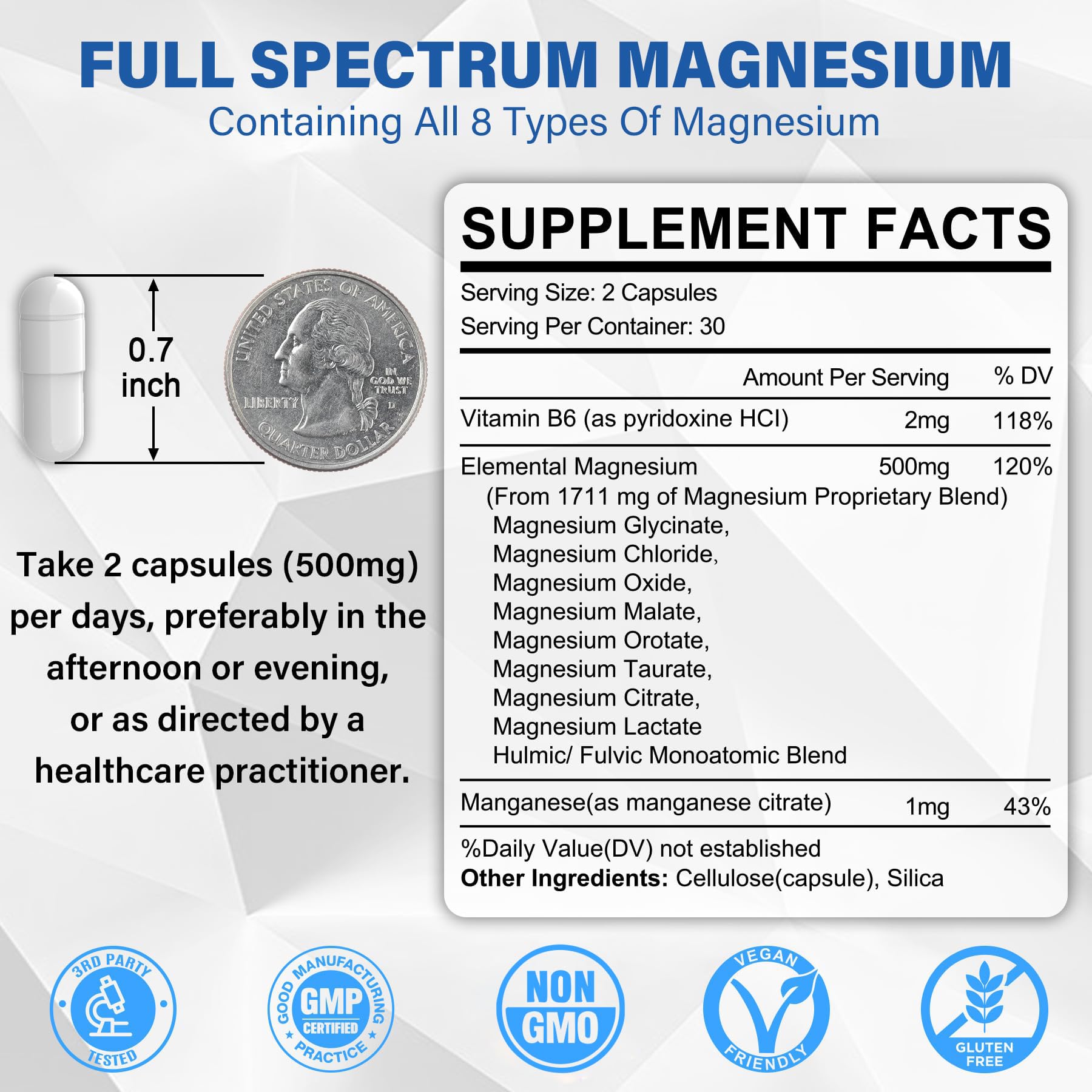 EnvyCure Magnesium Complex bottle label emphasizing vegan capsules and non-GMO formulation.